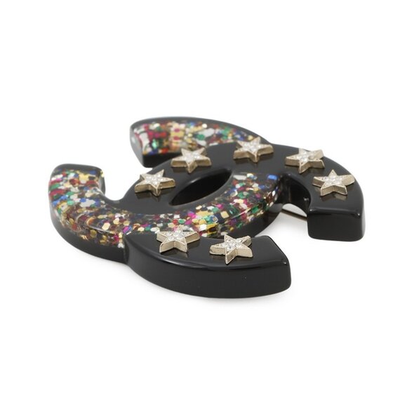 CHANEL CC Logo Star Brooch Plastic/Metal/Rhinestone Black/Multicolor - Picture 4 of 9